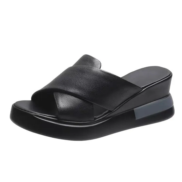 2024 new ultra-light platform wedge Roman style fashion flatform heel crossover casual slippers