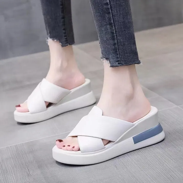 2024 new ultra-light platform wedge Roman style fashion flatform heel crossover casual slippers