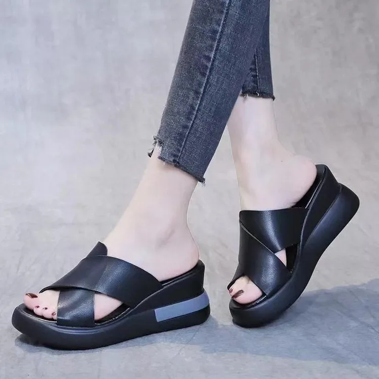 2024 new ultra-light platform wedge Roman style fashion flatform heel crossover casual slippers