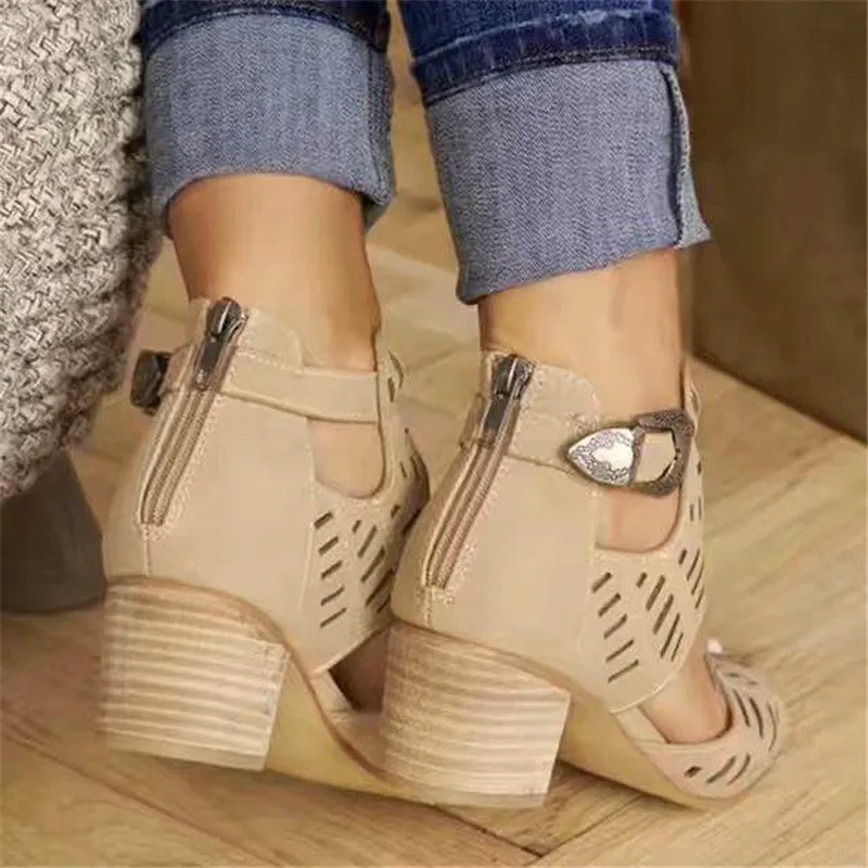 2024 Summer New Hollow Laser Flower Thick Heel Large Women's High Sandals