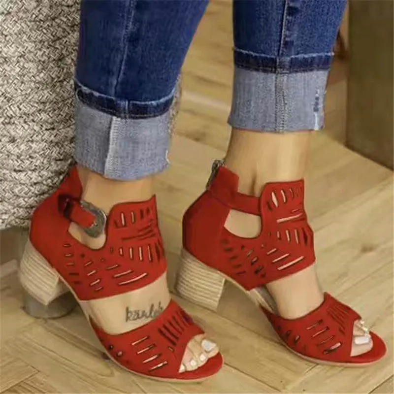 2024 Summer New Hollow Laser Flower Thick Heel Large Women's High Sandals