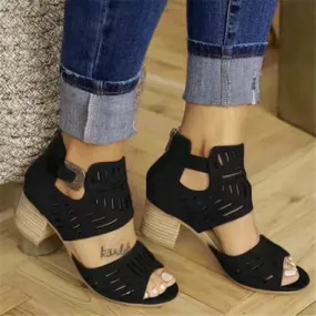 2024 Summer New Hollow Laser Flower Thick Heel Large Women's High Sandals