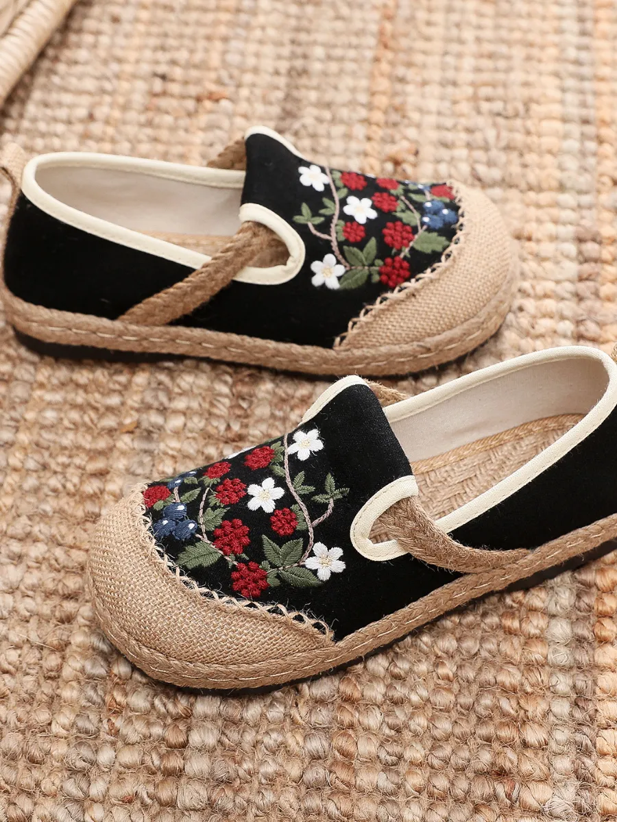 Cactus Rose | Berry Daisy Embroidered Linen Round Toe Espadrilles Loafers - Black