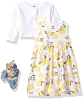 Hudson Baby Baby Girl Cotton Dress, Cardigan and Shoe Set, Lemon, 0-3 Months