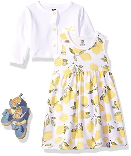 Hudson Baby Baby Girl Cotton Dress, Cardigan and Shoe Set, Lemon, 0-3 Months