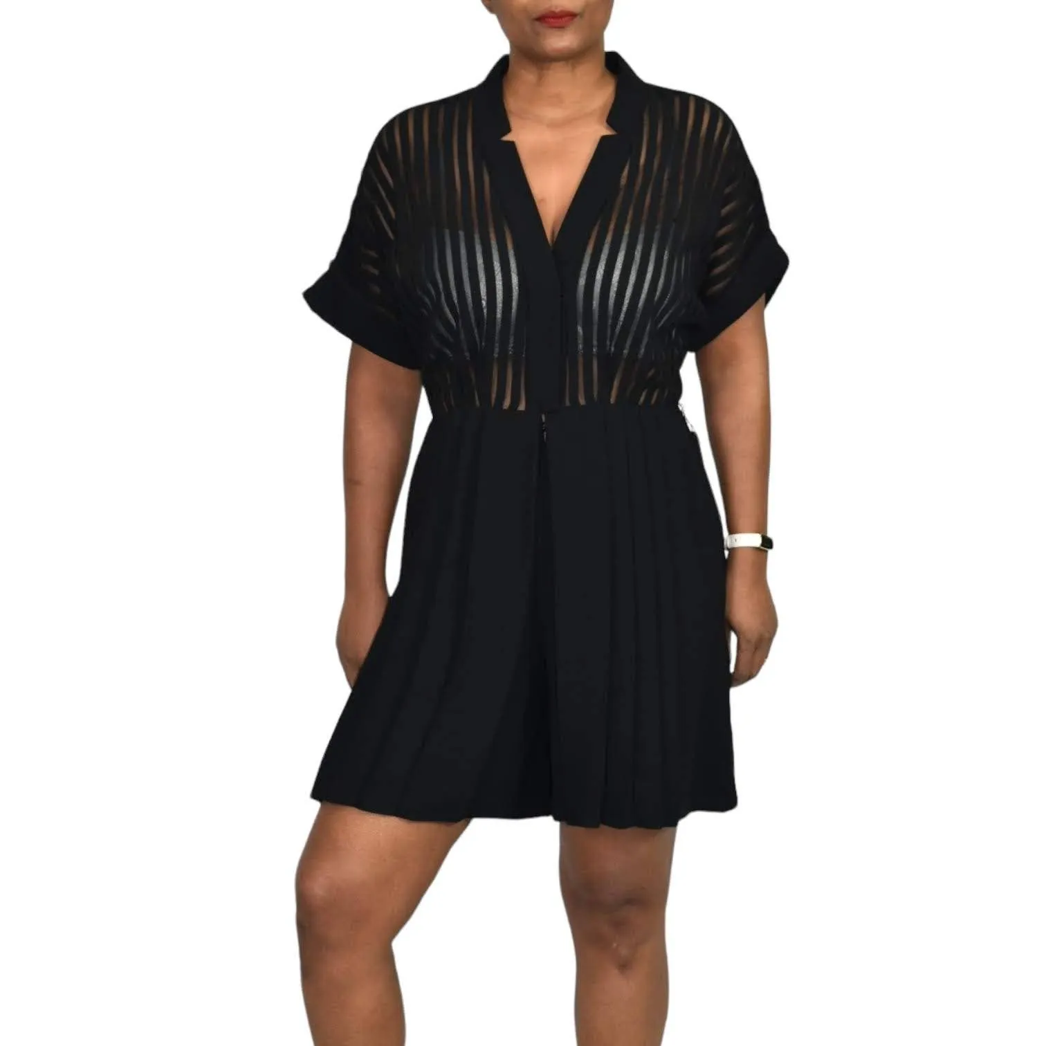 Kay Unger Black Romper Pleated Short Mesh Tailored Sheer Striped Wide Leg Size 6