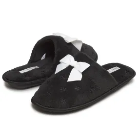 Laura Ashley Women's Embroidered Stars Micro Terry Scuff Slippers with Bow Details | Soft and Warm House Slippers with Cushioned Insole for Ladies