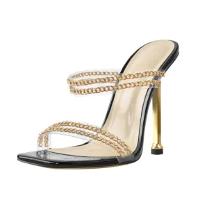 Square Toe PVC Golden Chain Metal High Sandals