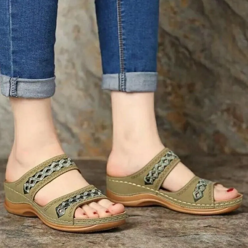 Women hollow out two strap 
wedge slide sandals