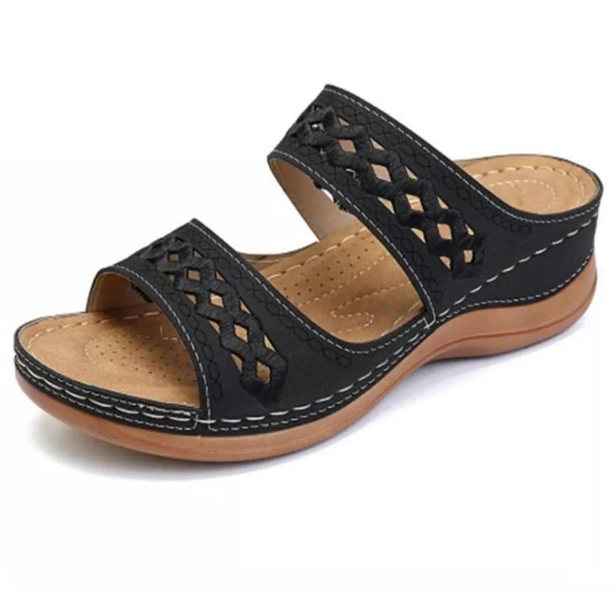 Women hollow out two strap 
wedge slide sandals