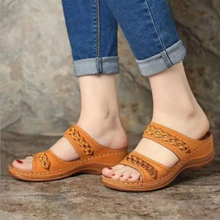 Women hollow out two strap 
wedge slide sandals